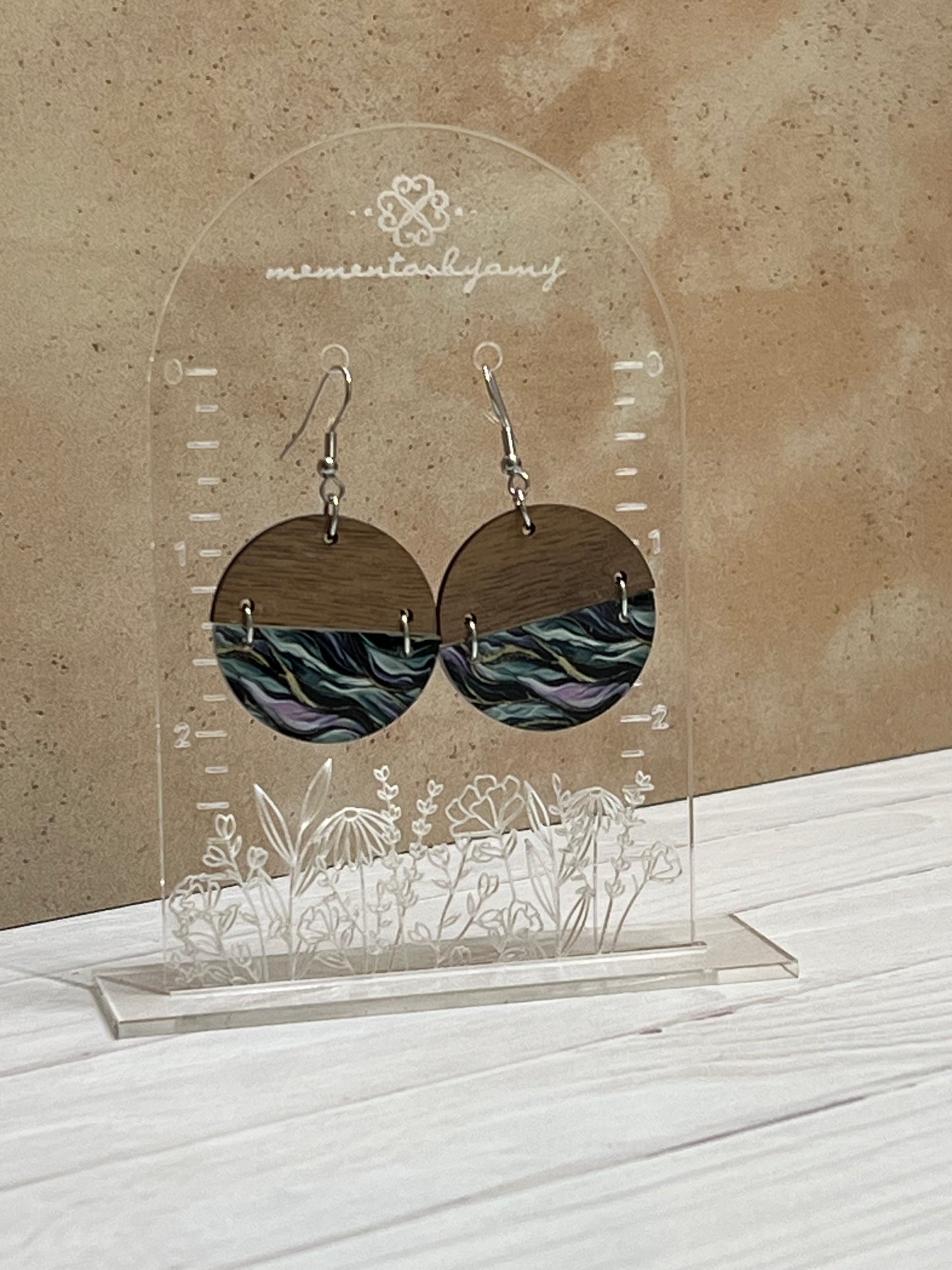 Round Wood & Acrylic Multicolor Swirl Dangle Earrings
