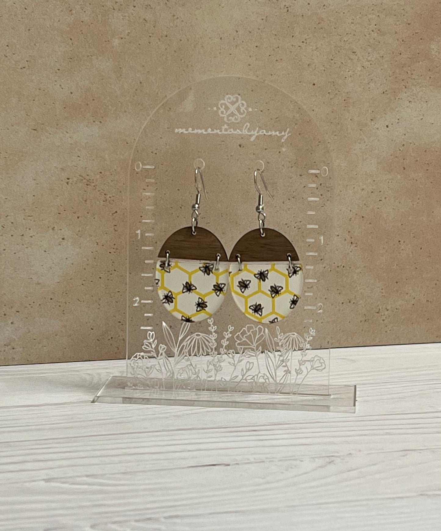 Circular Bee & Wood Drop Earrings