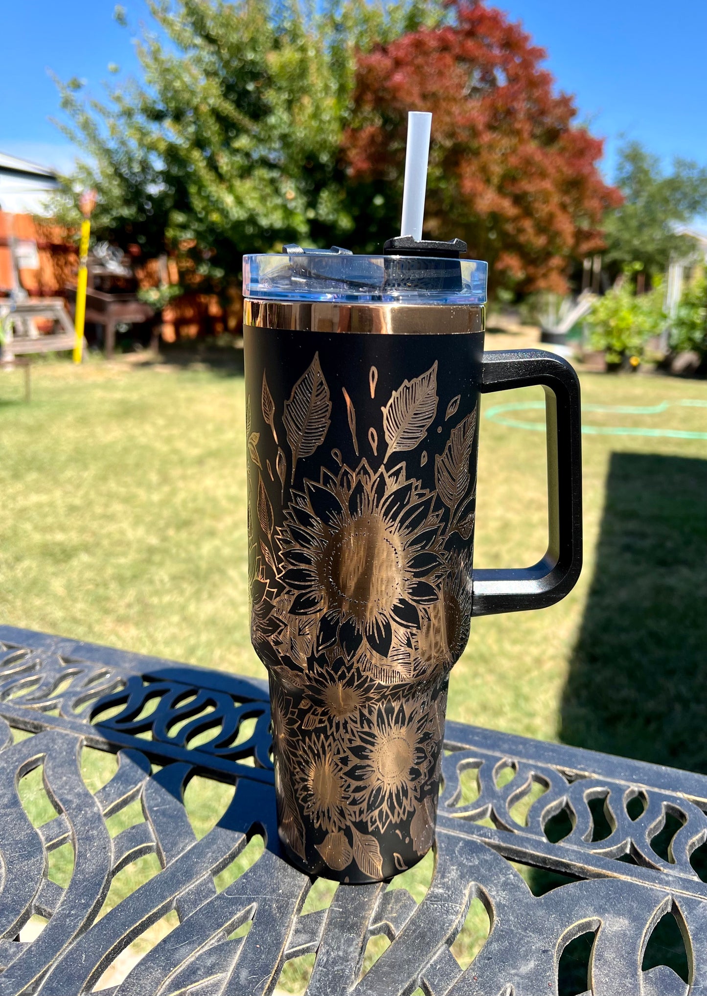 Sunflower Wrapped Black and Gold Tumbler